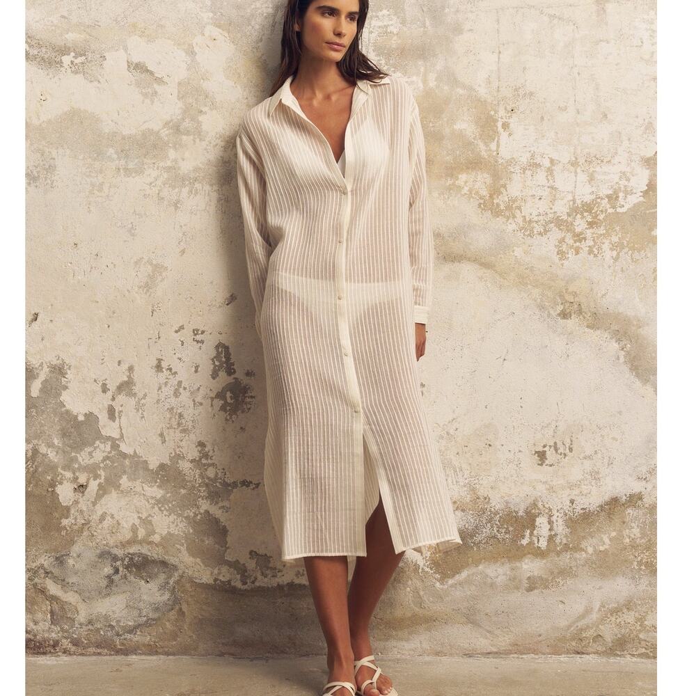 The Handloom OS Creamy White Striped Voyage Shirt Dress Turkish Cotton Coverup